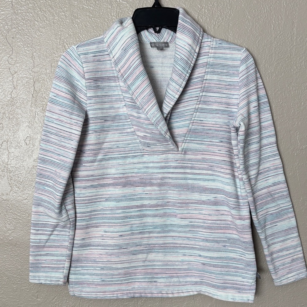TALBOTS SPACE DYE FEATHERWEIGHT FLEECE WRAP NECK PULLOVER CHICOS SIZE P/SMALL